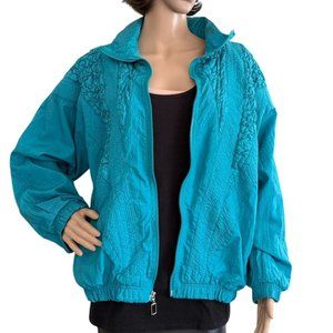 Vintage 1980s Teal Smocked Jacket Retro Sporty Chic Size L to XL